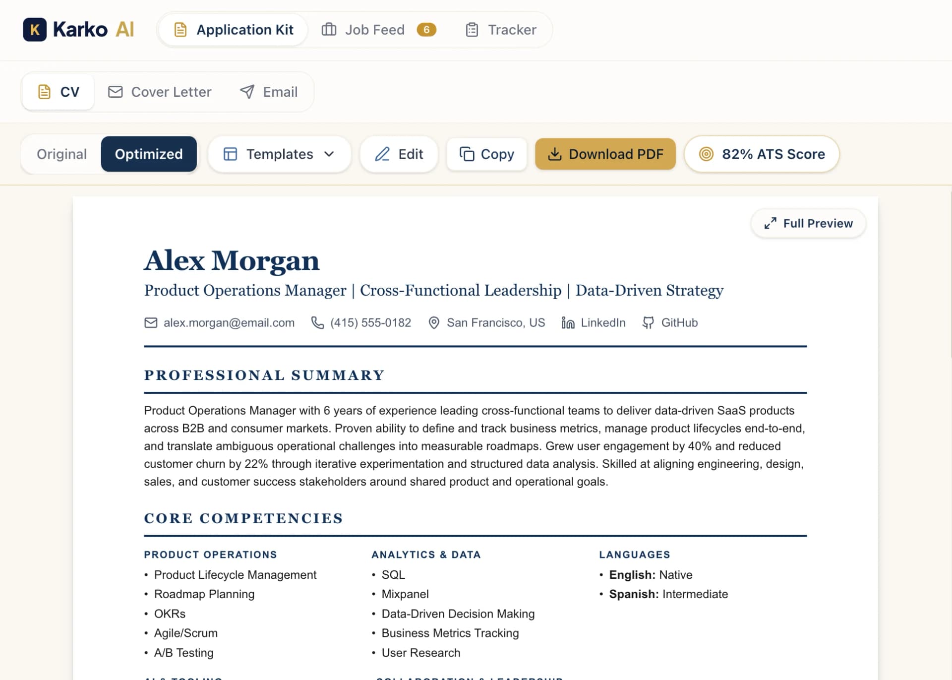 Karko full application, tailored CV with Cover Letter, Email, and Screening Answers tabs