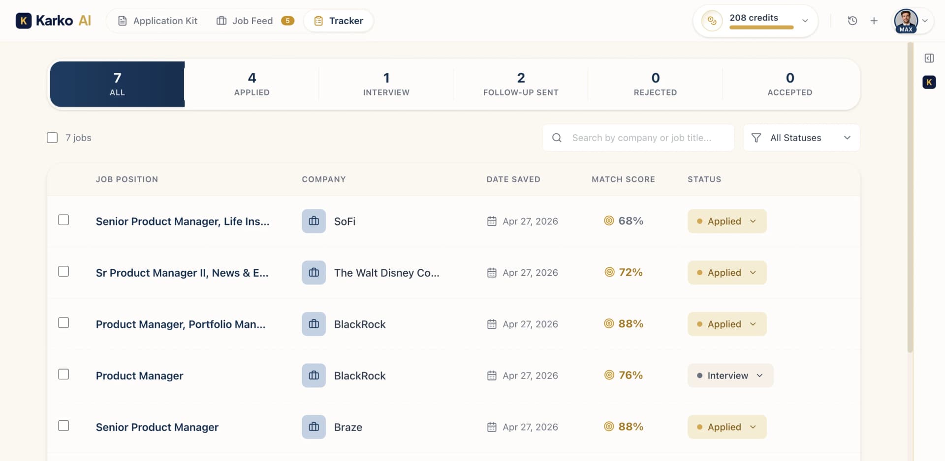 Karko Application Tracker with match scores and status pills