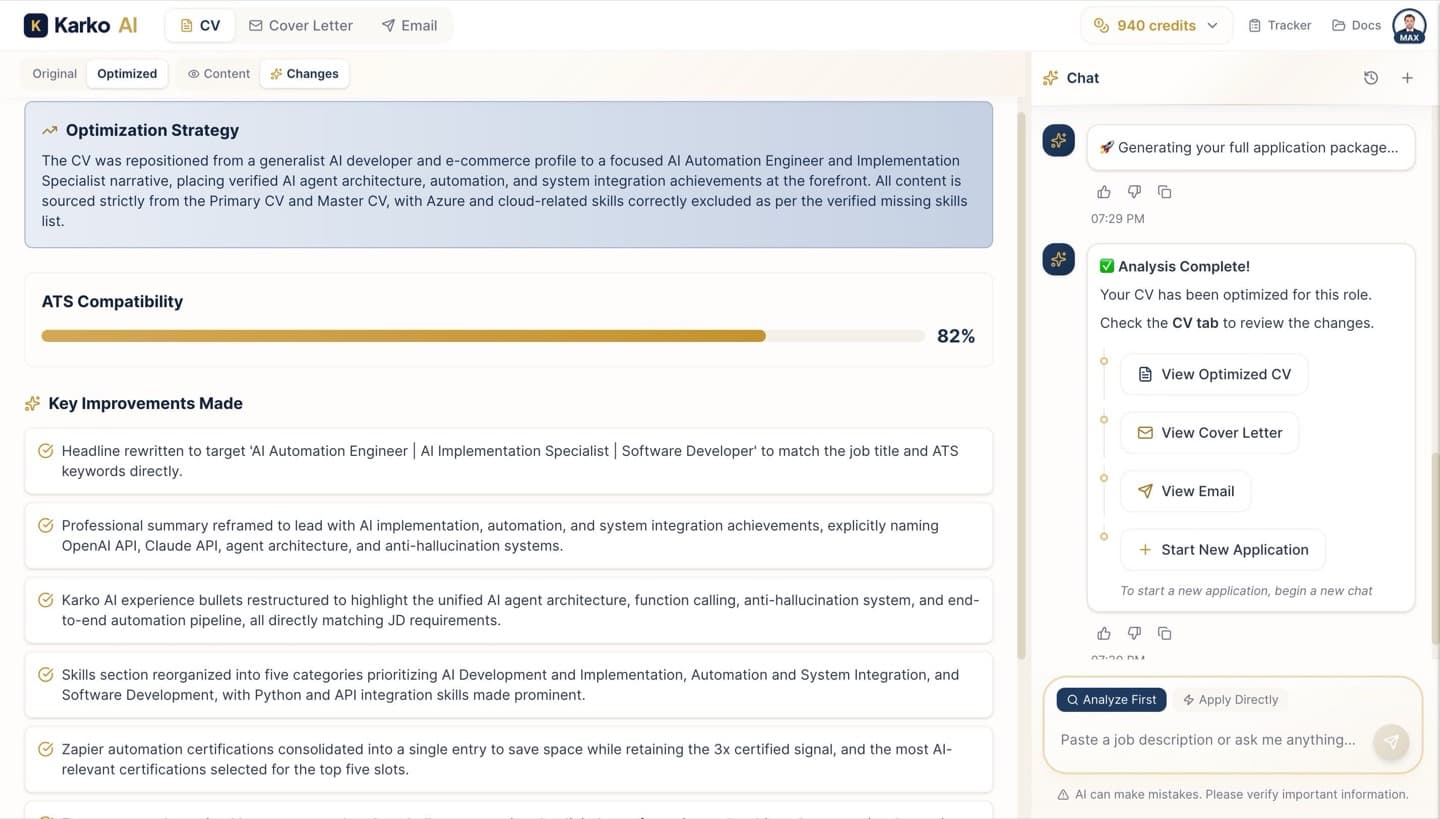 KarKo AI optimization report showing ATS compatibility score and detailed change strategy