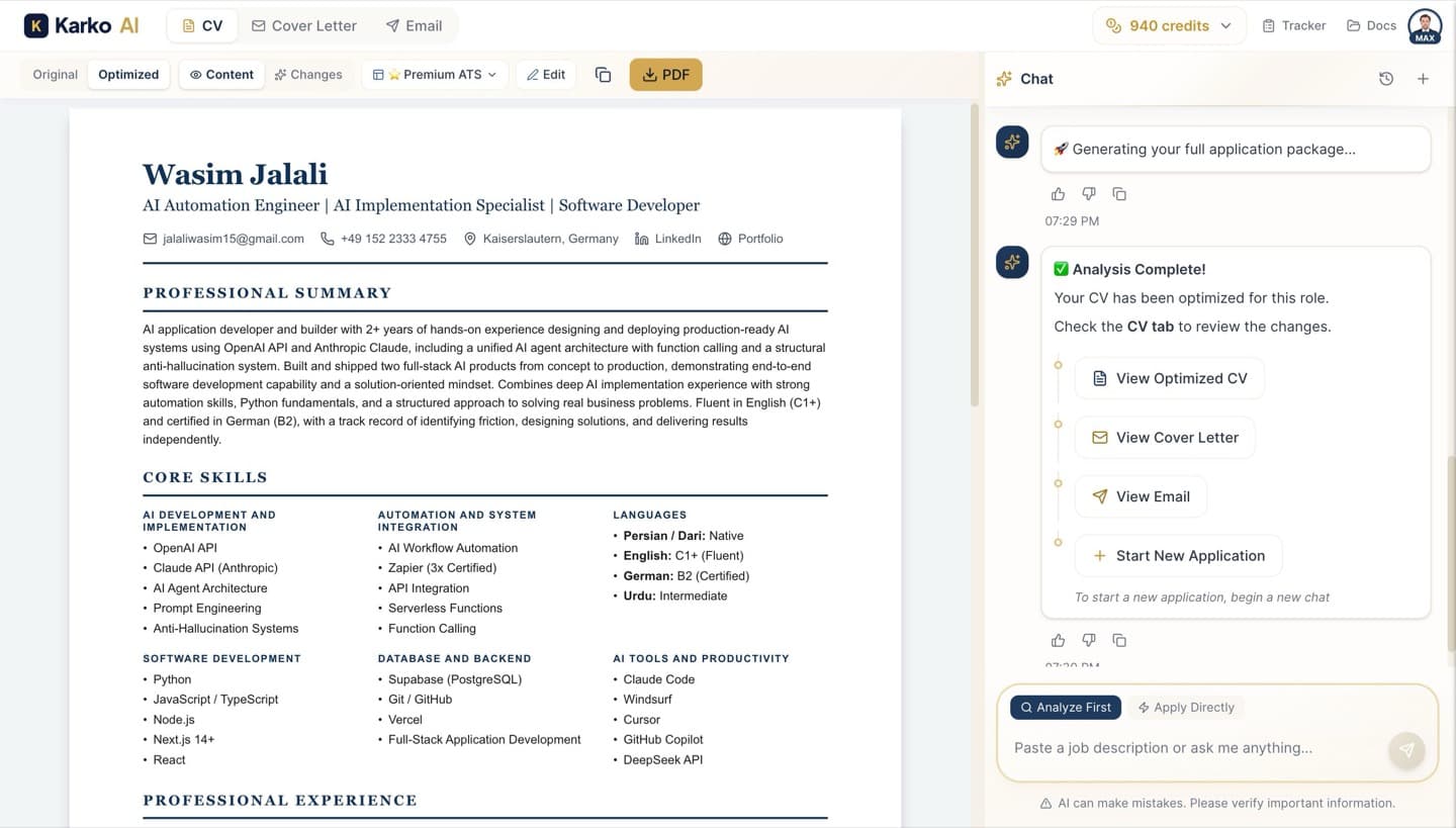 KarKo AI Dashboard showing a tailored, ATS-optimized CV
