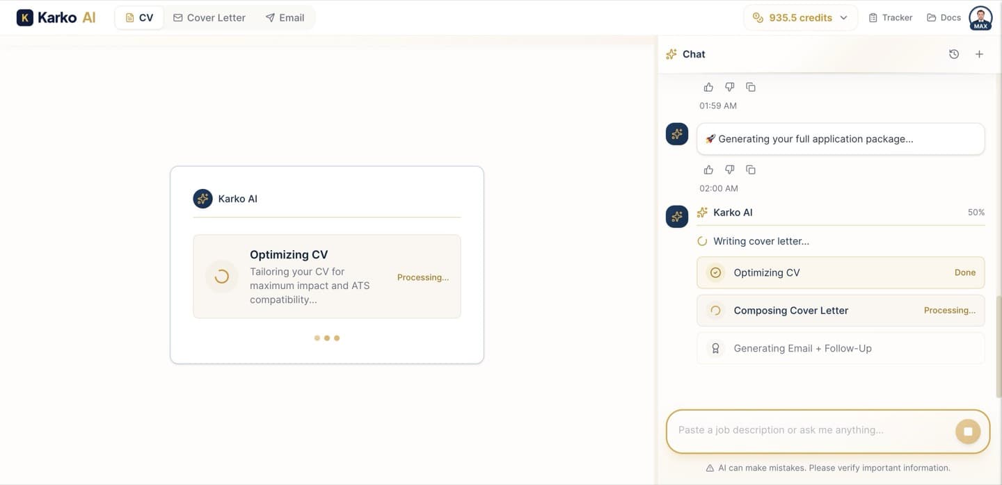 KarKo AI optimization process analyzing job description and generating tailored application materials
