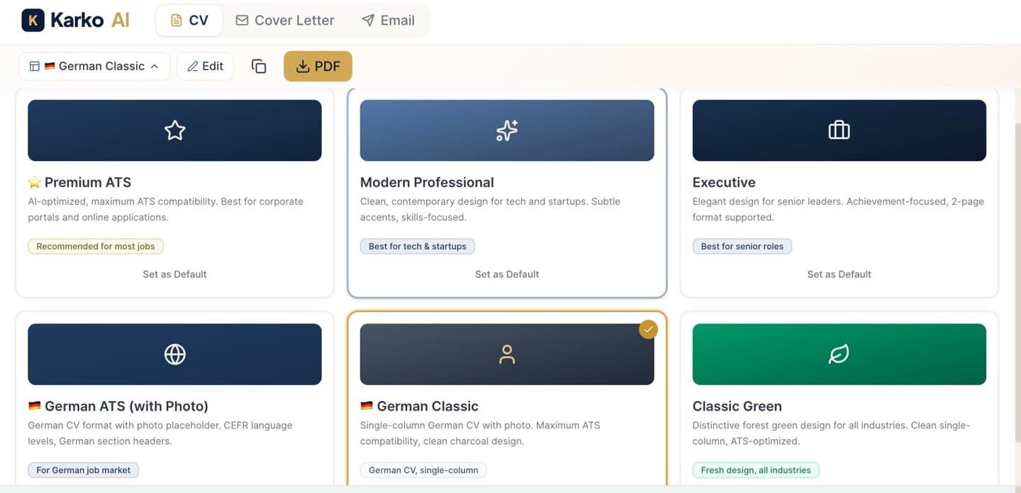 KarKo AI template selector showing 6 CV templates for US and EU markets