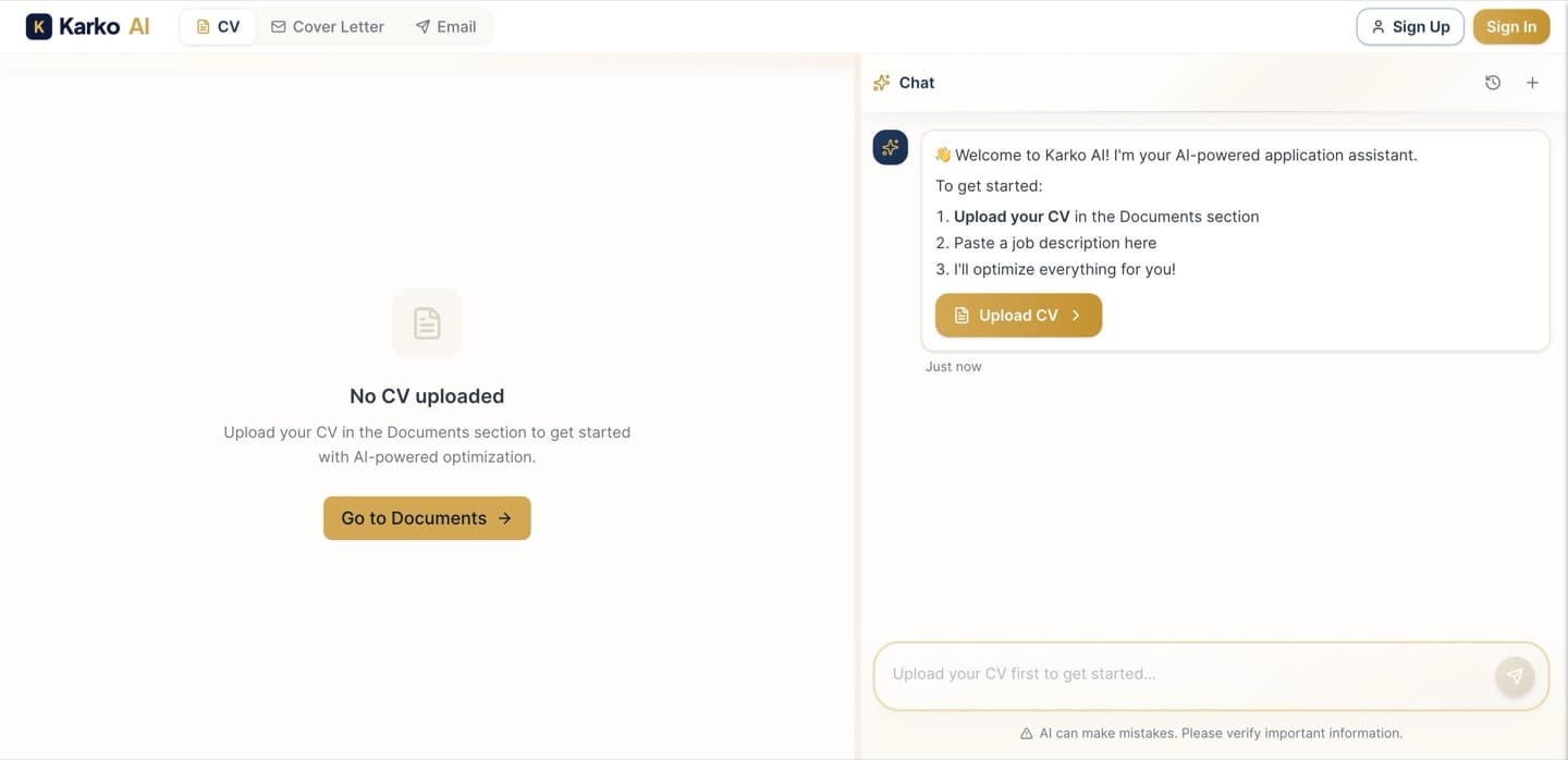 KarKo AI Dashboard welcome screen showing Upload CV prompt and chat assistant